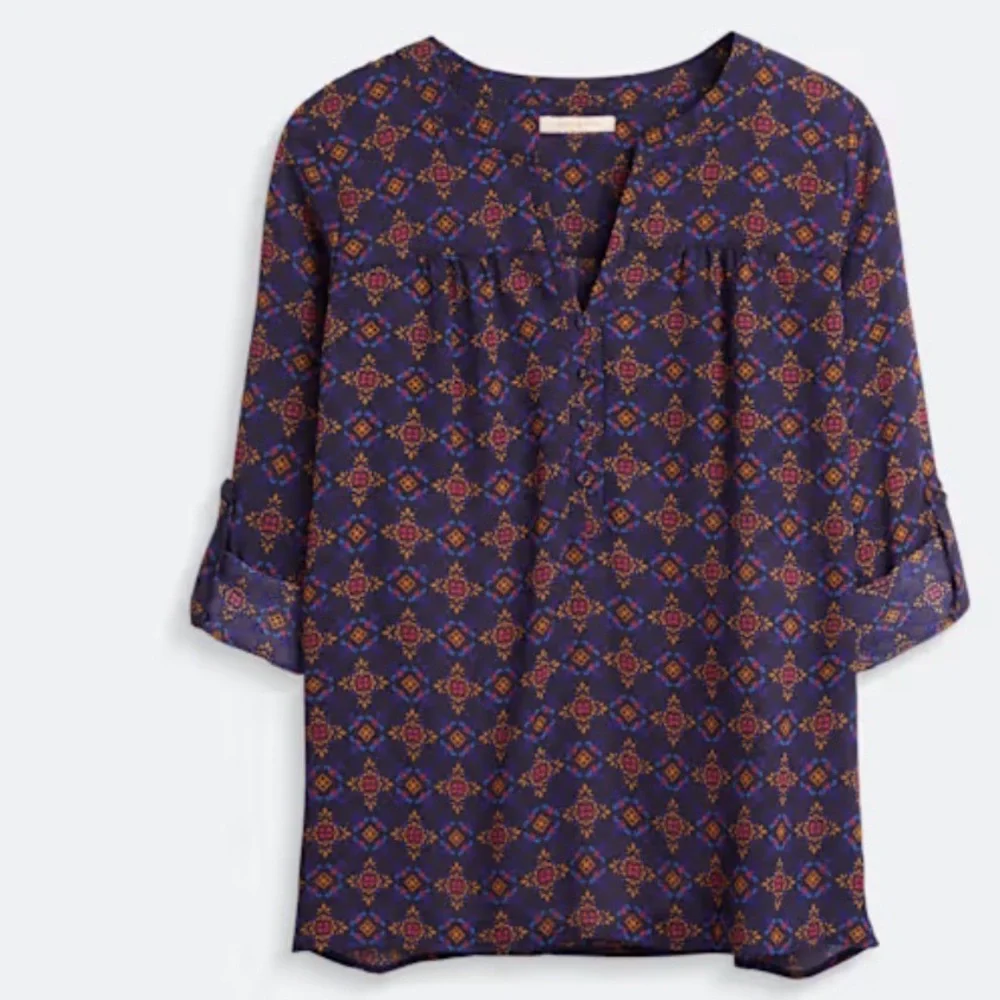 NWOT Skies Are Blue Silky Print Blouse Roll Sleeve Women S - Picture 2 of 10